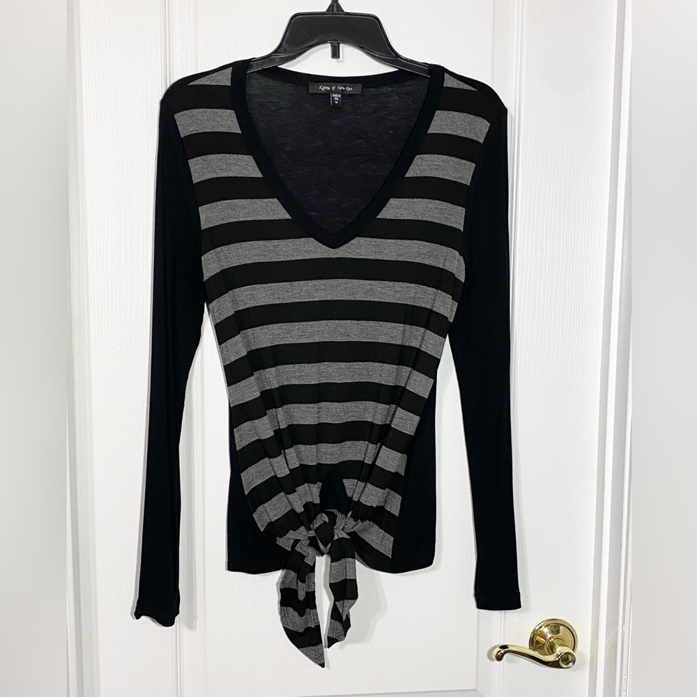 Karen Kane Tie Front Striped V Neck Long Sleeve Knit Top Gray Black Medium